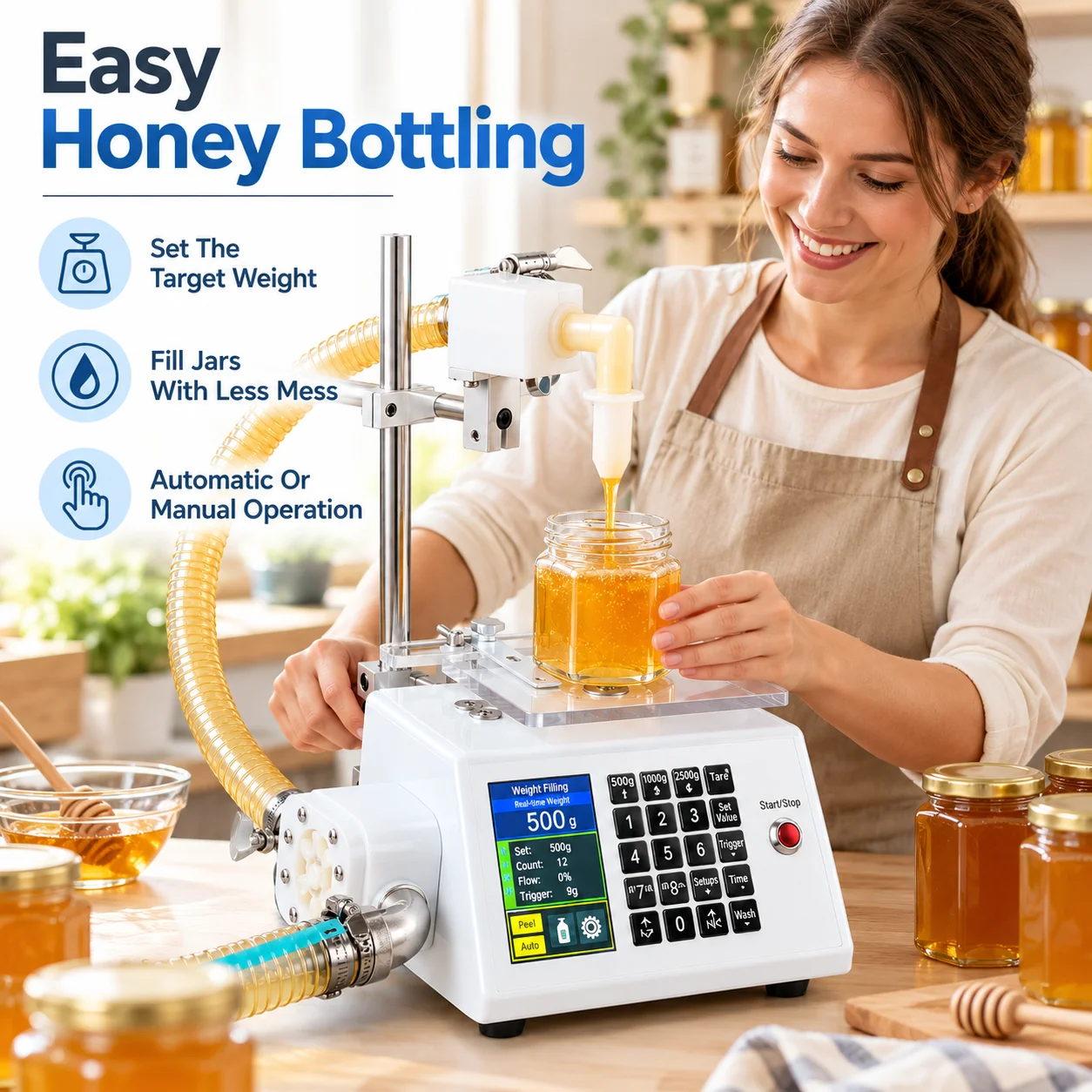 AOLIVIYA Automatic Honey Filling Machine Digital Weighing Liquid Filler 50g To 8kg Viscous Food Bottle Jar Dispensing Equipment