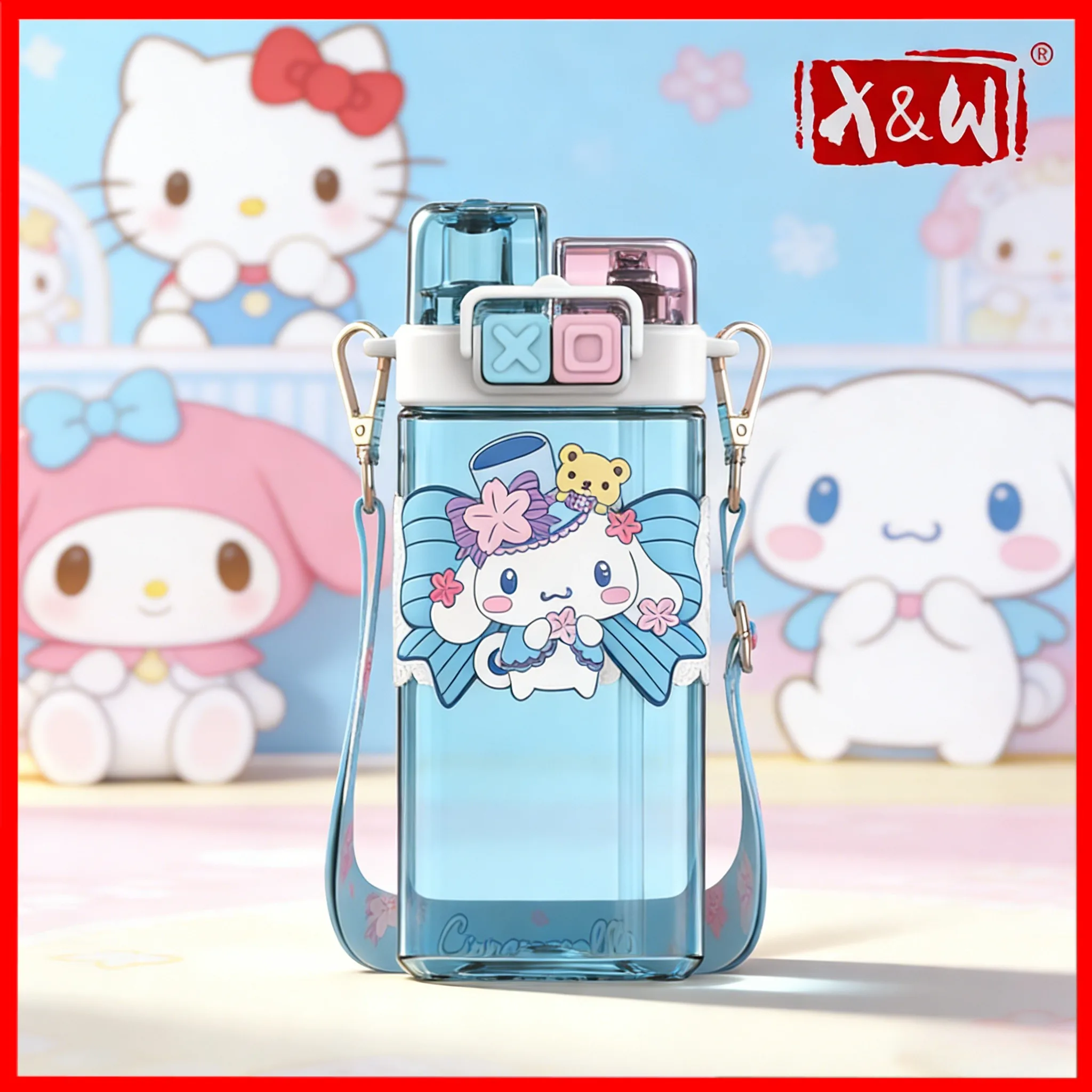 X&W 520 ml Sanrio-Serie Strohbecher mit zwei Kappen, Tritan + PP-Becher mit Isolierdeckel und Hebeseil, Wasserflasche, süßes Geburtstagsgeschenk