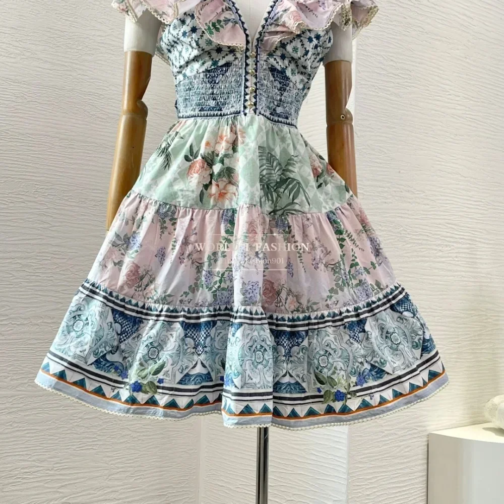 

Pink Blue Floral Print Sleeveless Ruffles Frilled Backless Mini Dress