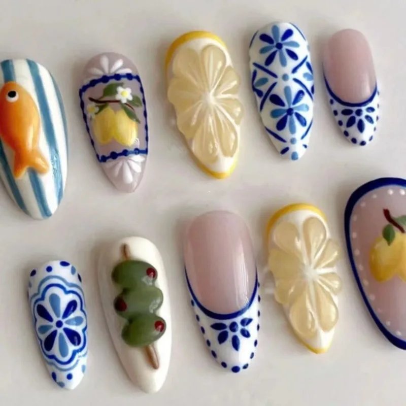 24 New Handmade Dispensing Lemon Nail Art French Almond Wearing Nail Cross-border European and American Removable Nail Pieces