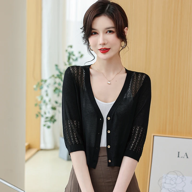 Women's mulberry silk single breasted knitwear 2023 summer transparent thin cardigan ladies slim hollow out short knit outwear