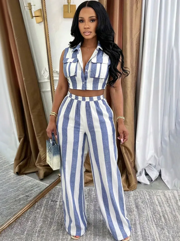 

Striped Two Piece Set Women Summer Outfits Streetwear Turn-down Collar Button Up Pockets Shirt and Wide Leg Pants Matching Sets