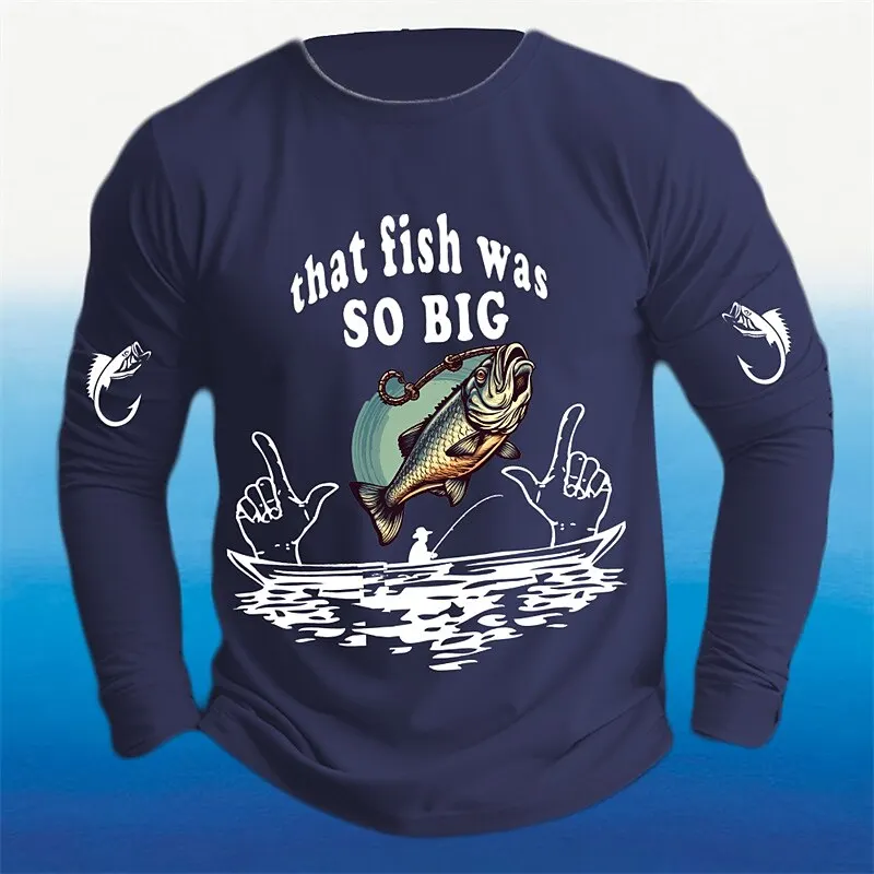 

3D Print Fish Pattern Men's Long Sleeve T-Shirt Fashion Creative Design Outdoor Fishing Top Autumn Loose O-Neck Pullover For Men