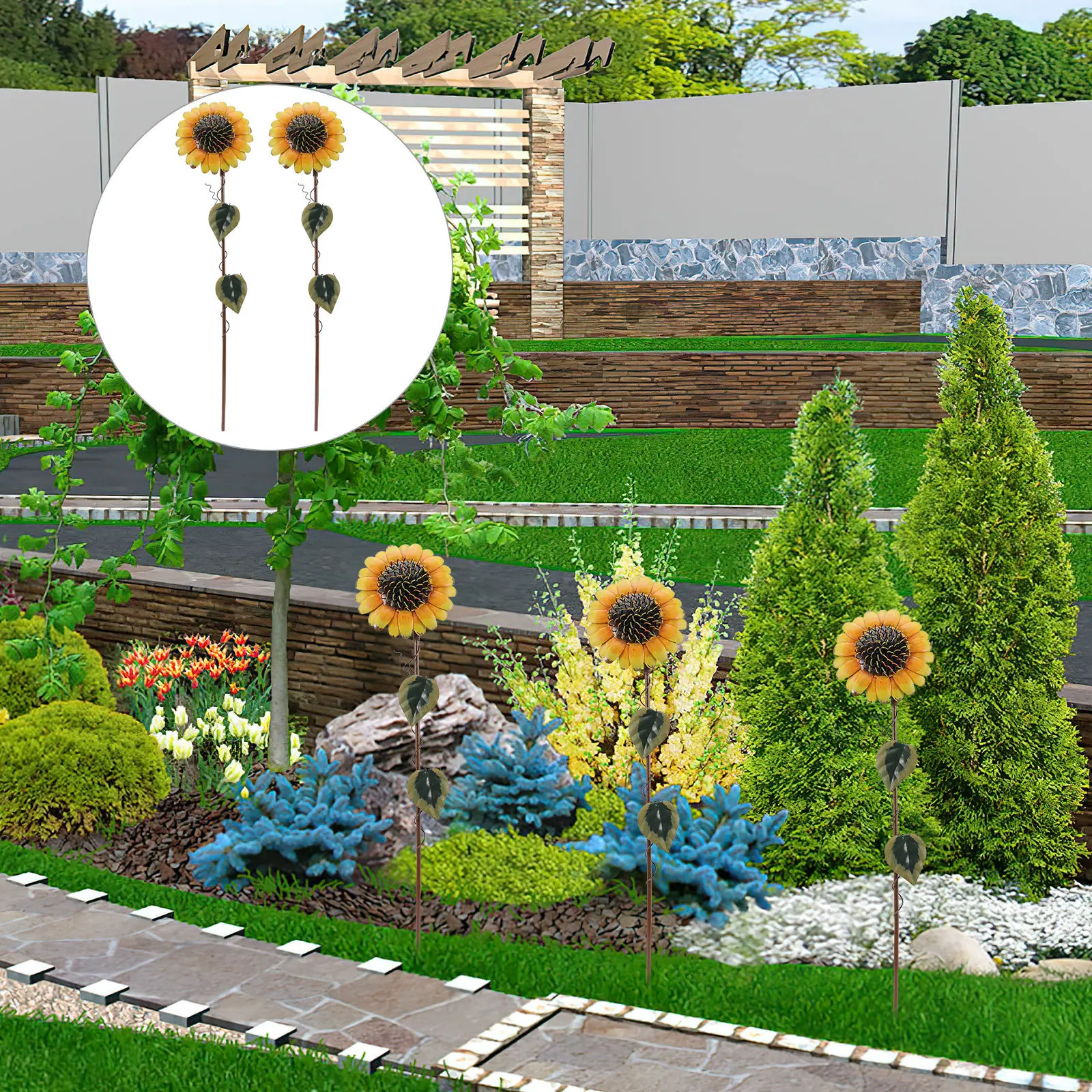 

2 pcs Sunflower Garden Stake Metal Flower Stakes For Outdoor Decor Patio Yard Lawn Iron Plant Support Waterproof Rustproof