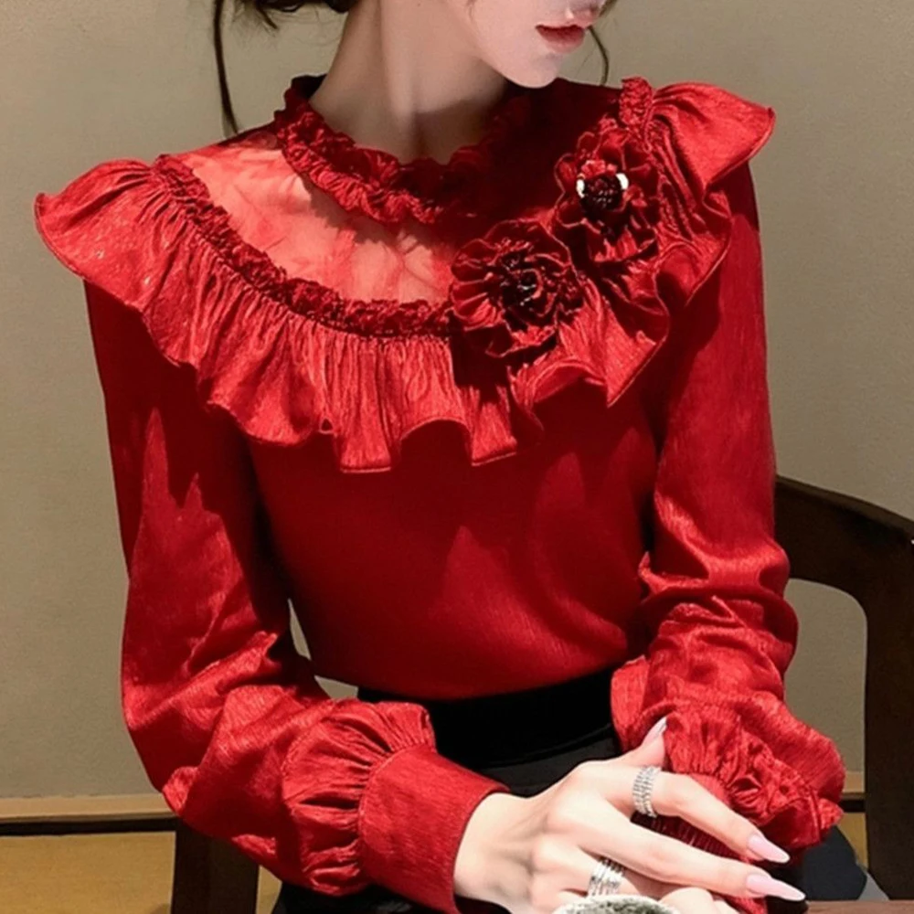 

2026 spring new high-end exquisite light luxury foreign style Christmas New Year wear red three-dimensional flower top women