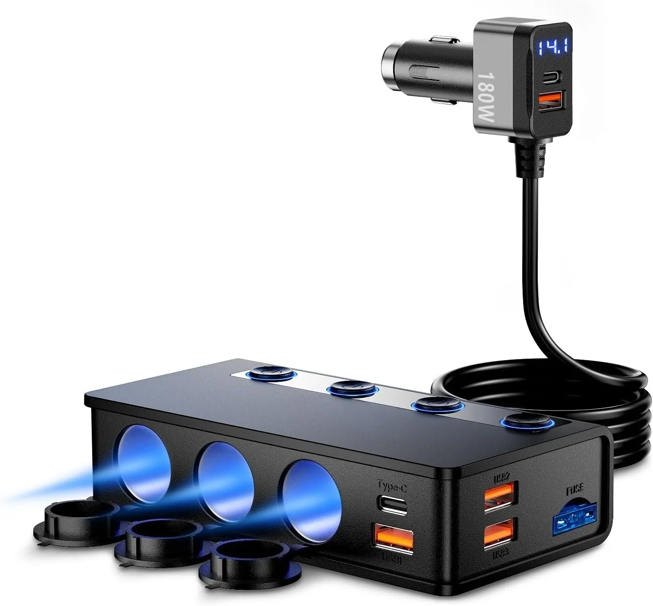 180W cigarette lighter splitter PD36W/65W QC3.0 18W * 4 charging ports 3 sockets LED voltage super car charger adapter 12V/24V
