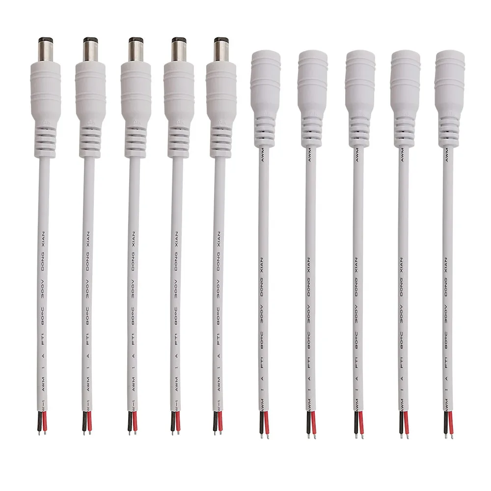 Branco 5.5x2.1mm 12v dc adaptador de fonte de alimentação dc 5.5*2.1mm macho plug fêmea jack soquete cabo fio trança conector