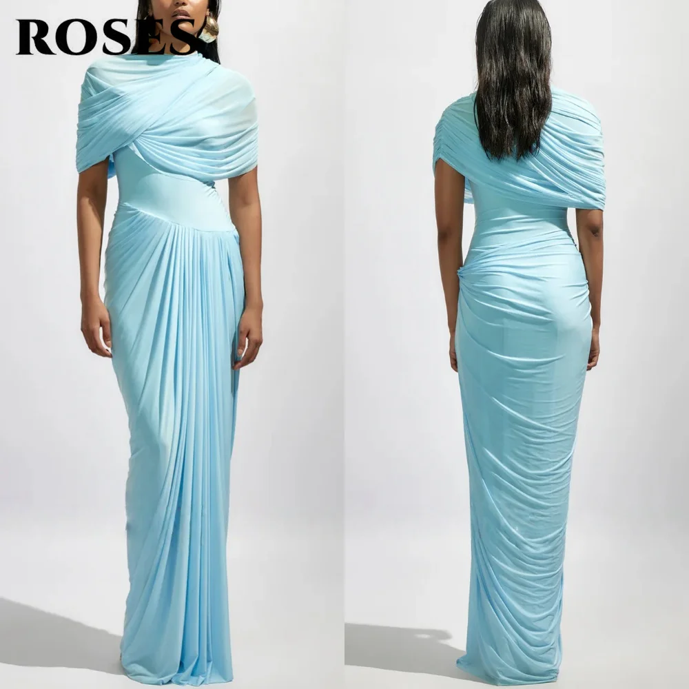 

ROSES Light Blue Stylish Prom Dress O-Neck Pleated Mermaid Chiffon Evening Dresses with Diagonal Drape and Slim Fit Customized