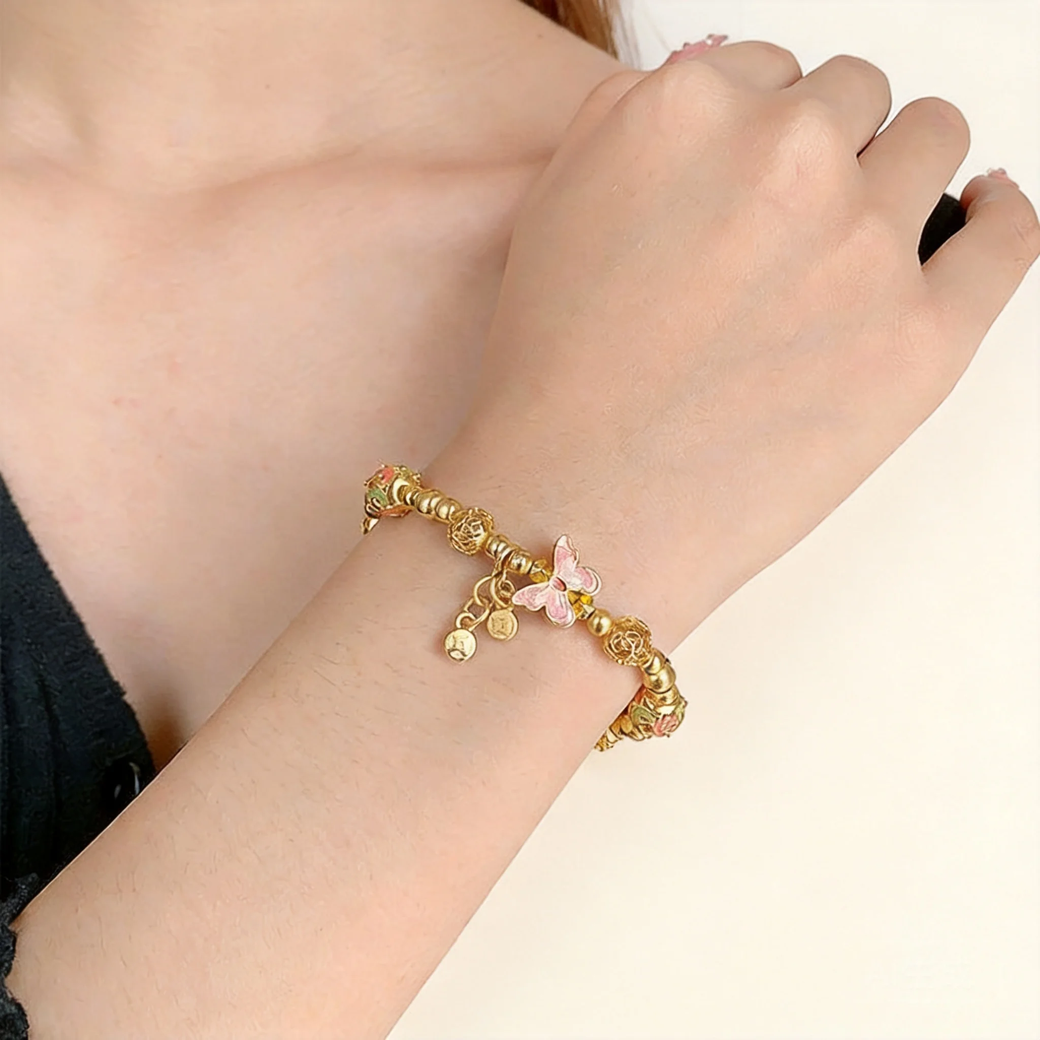 Chinese Style Lucky Pink Butterfly Gold Beaded Bracelet For Women Vintage Enamel Craft Blessing Fortune Good Luck Delicate Elega