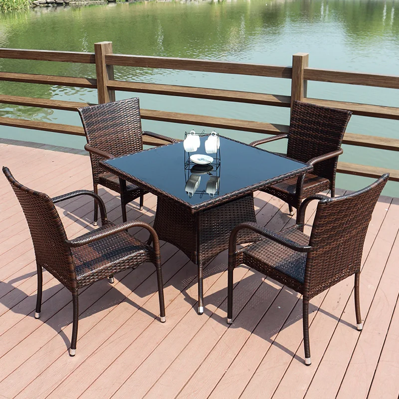 

Modern Small Outdoor Coffee Table and Chairs Metal Iron Frame Plastic Rattan Furniture Patio Table Chair for Garden Balcony