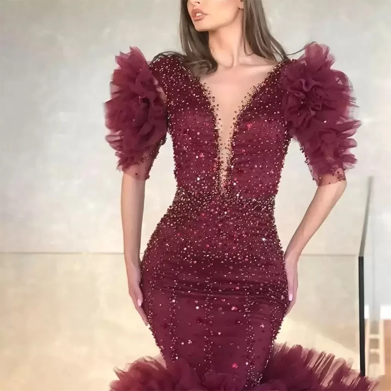 Burgundy V-Neck Lace Formal Evening Dresses Beaded Ruffle Mermaid Half Sleeves Birthday Party Prom Gowns Customized вечернее пла