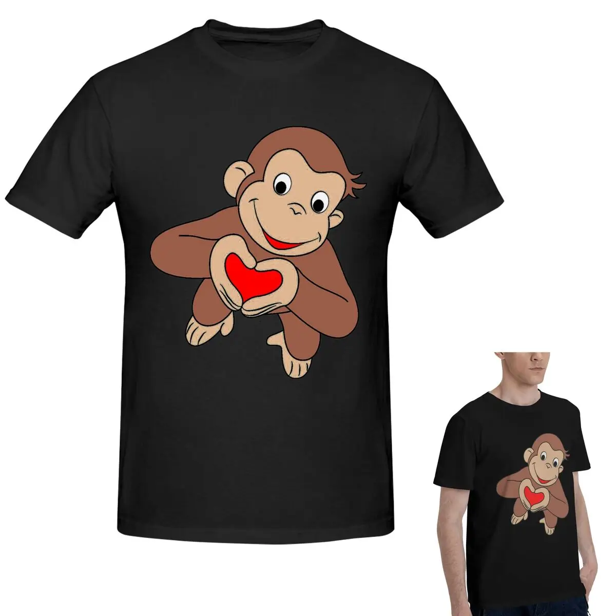 

Футболка из 100% хлопка Curious George Is All Heart, мужская модная футболка большого размера, мужские летние рубашки с круглым вырезом, топы S-6XL