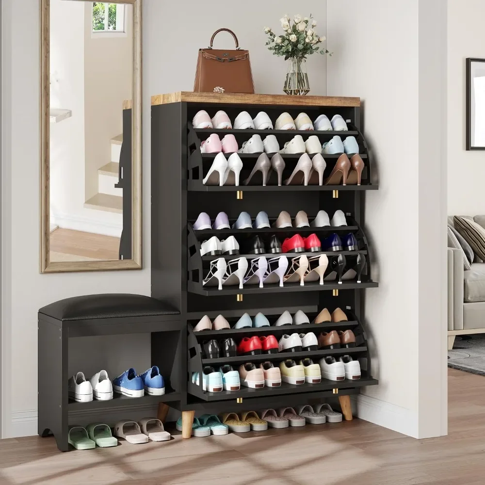 

Shoe Cabinet with 3 Flip Drawers, Modern Shoe Storage Cabinet with Shoe Bench for Entryway