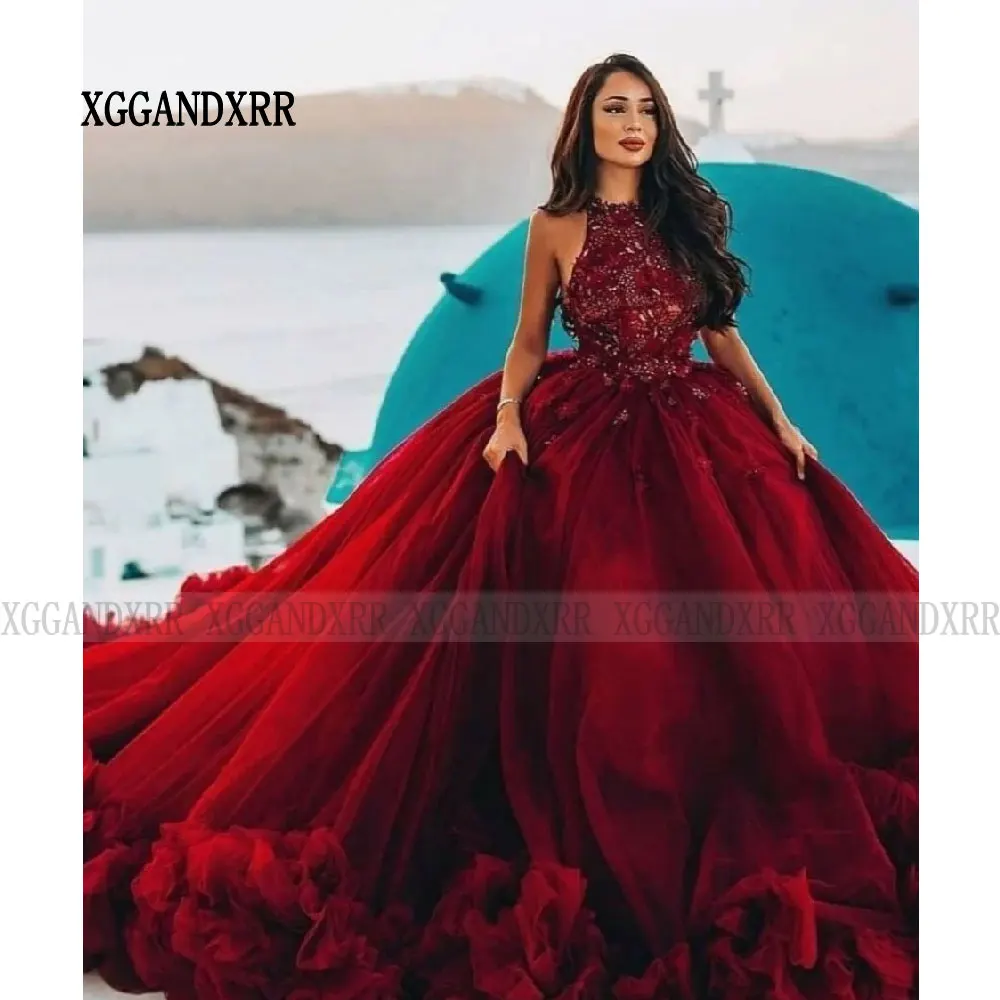 Customized Burgundy Quinceanera Dresses 2024 Halter Wine Red Ruffle Ball Gown Princess Vestido De 15 Quinceañera Sweet 16 Dress