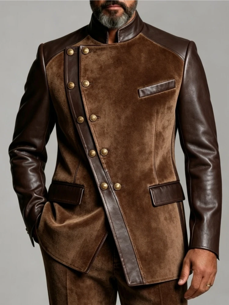 Vintage Men Velvet Leather Spliced Blazer Stand Collar Gold Button Suit Jacket Luxury Wedding Evening Party Male Outerwear Coat