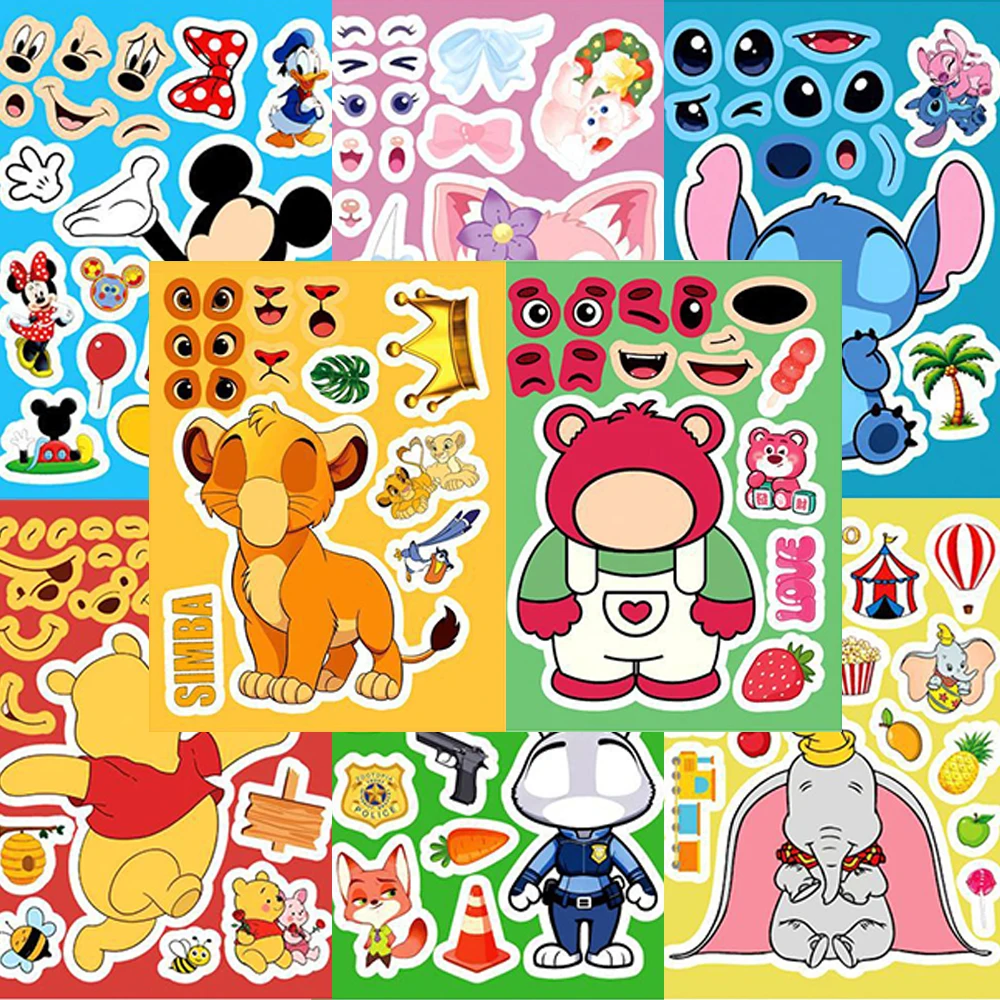 

8/16sheets Disney Cute Anime Character Puzzle Stickers Mickey Mouse Make a Face Decoration Sticker DIY Assemble Jigsaw Toy Gifts