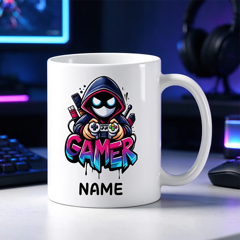 Personalized Gaming Mug 11oz Custom Ceramic Coffee Cup with Name, Fun Gamer Graphics, Gift for Birthday Christmas