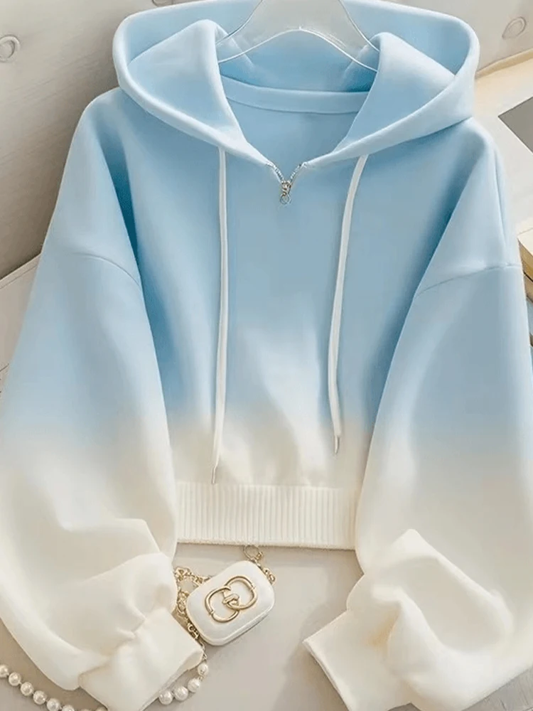 Blue Gradient Hoodie Jacket Women's Style Spring Autumn New Small Size Top Loose Fit Long Sleeve Korean Version Commute Wind