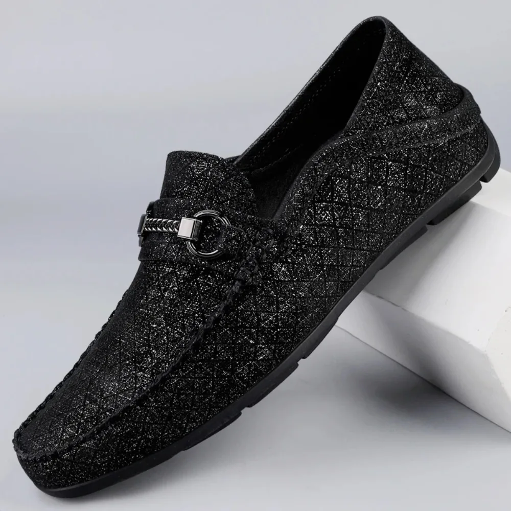 Mocasines de cuero genuino con brillo para hombre, zapatos de vestir informales con punta redonda, talla grande 37-45, suela de goma, calzado para fiesta y boda