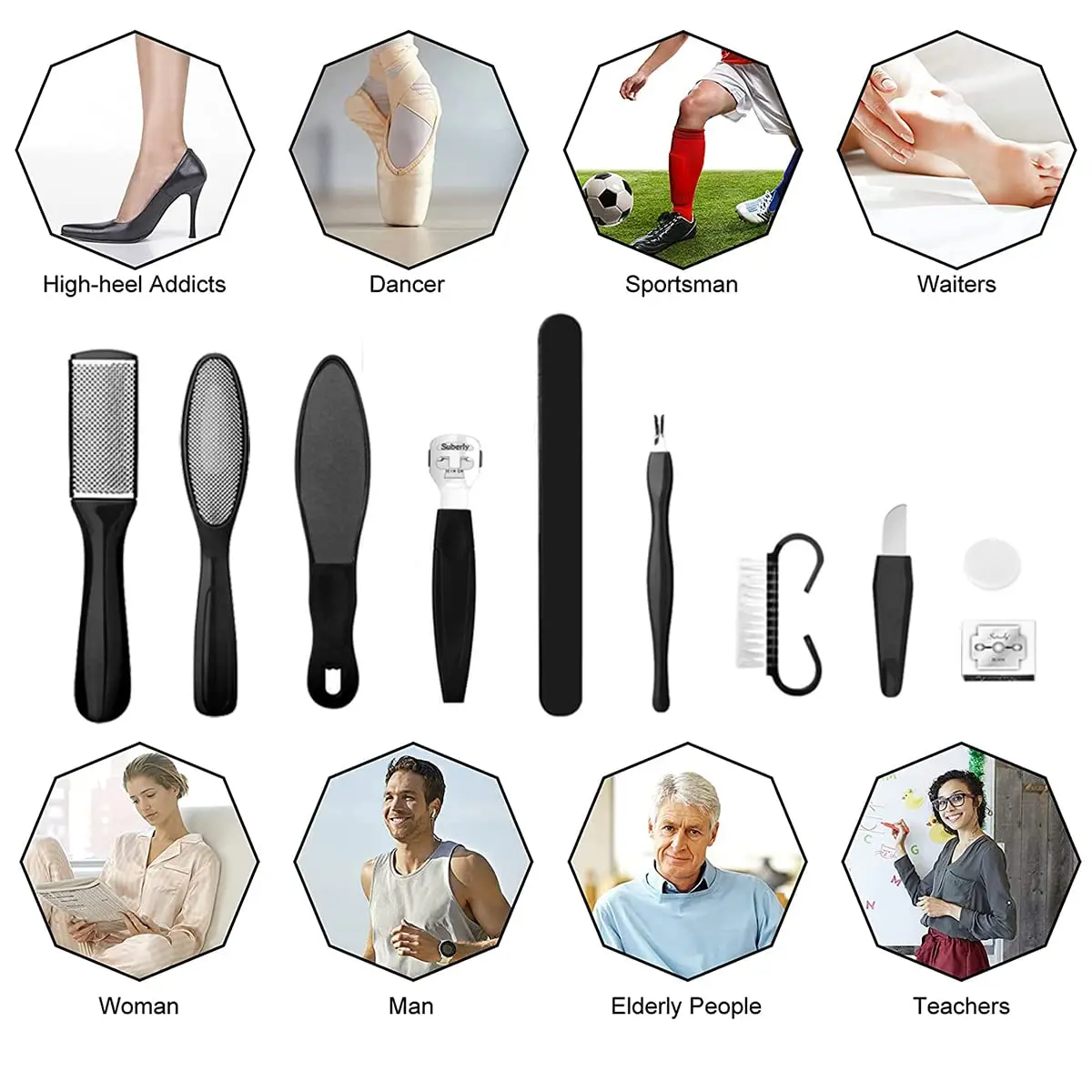 8/10/11-in-1 プロフェッショナルペディキュアキット ステンレススチールカルスシェーバー ステンレススチールフットケアツールで柔らかく滑らかな足を手に入れましょう