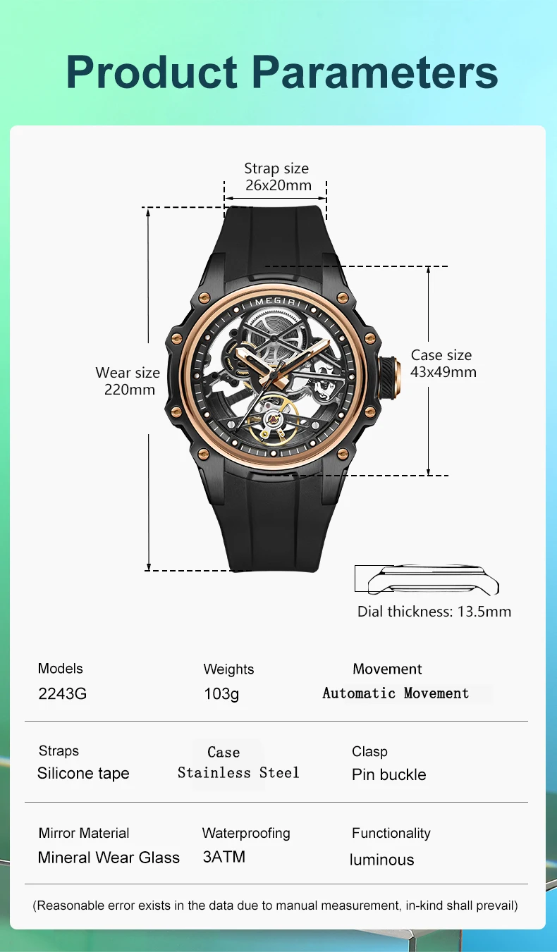 MEGIR Skeleton Dial Automatische Mechanische Uhr Männer Edelstahl Gehäuse Wasserdicht Leuchtende Sport Armbanduhr mit Silikon Armband – Detail 7