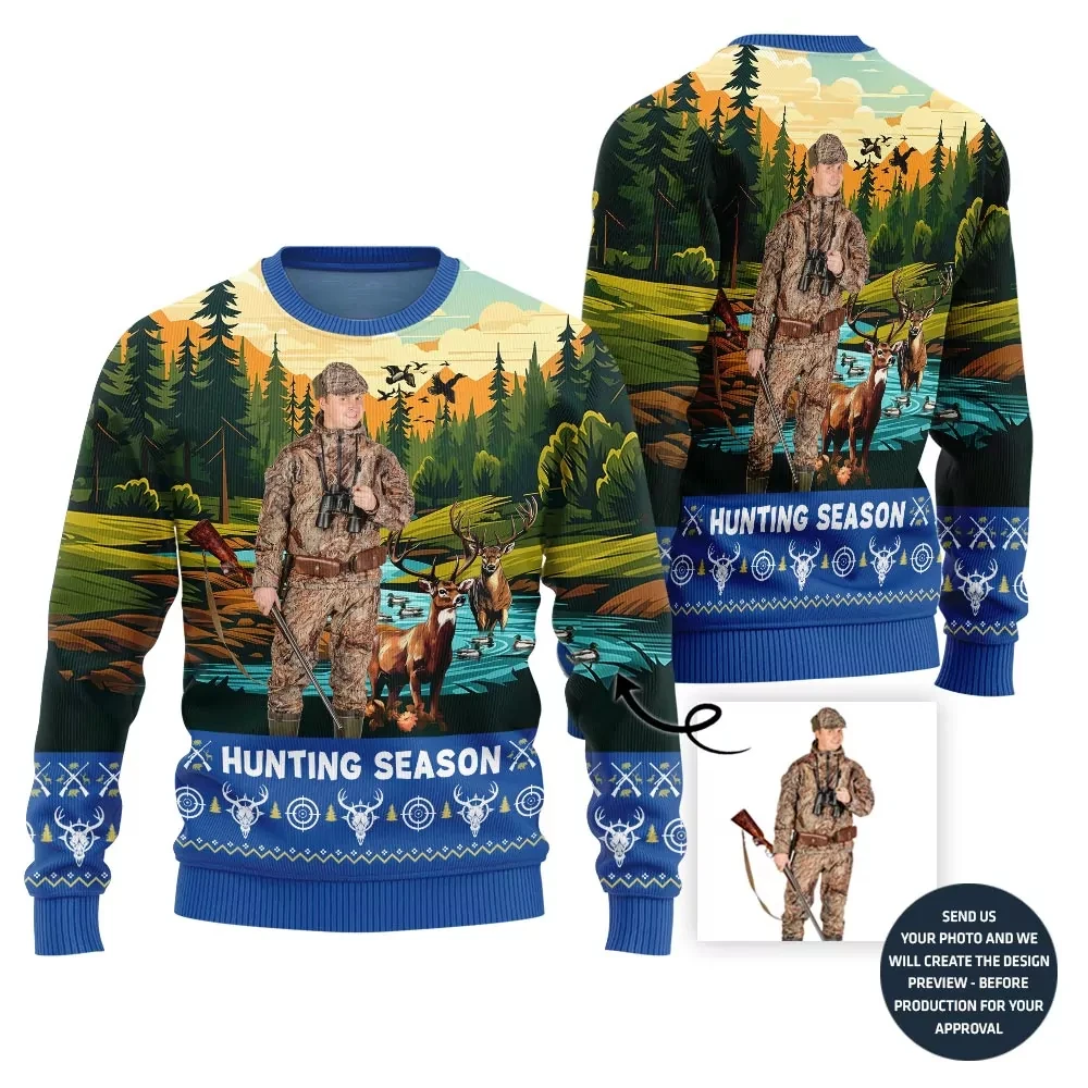 

2025 New Custom Photo 3D Printed Ugly Christmas Hunting Sweater Diy Forest Graphic Sweatshirt Personalized Image Pullovers Tops