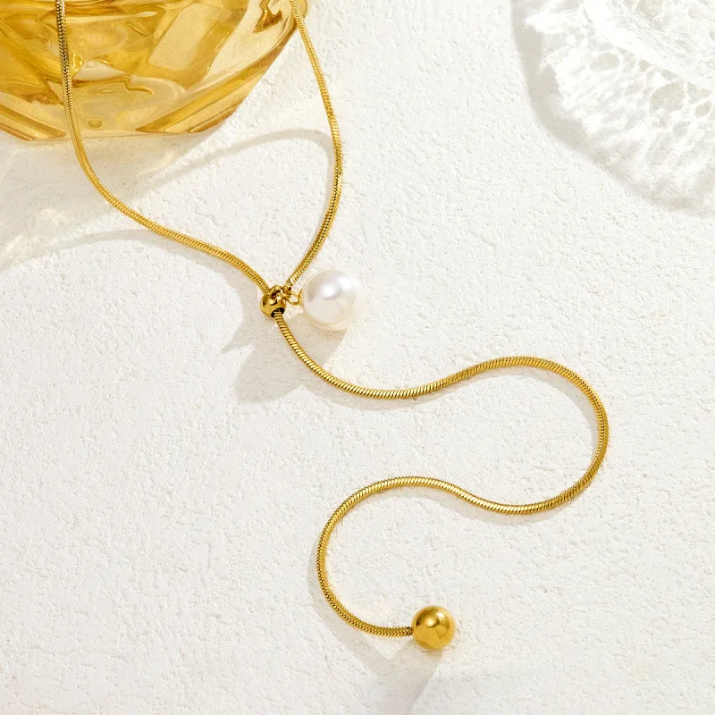 316 Stainless Steel Adjustable Slide Thin Snake Chain Big Pearl Y Long Choker Gold Silver French Slimming Slidable Single Neckla