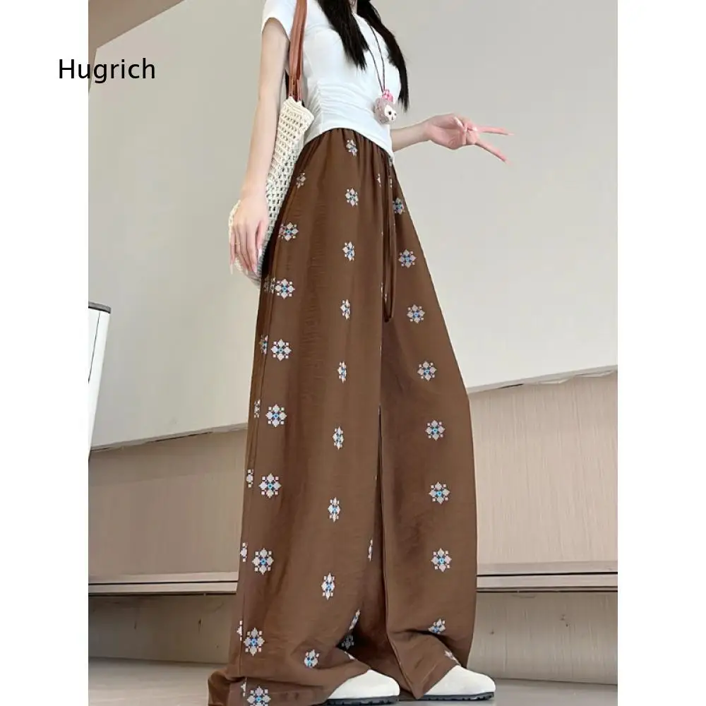 Women Elastic Waist Printed Wide Leg Pants Floral Geometric Pattern Loose Long Trousers Drawstring Casual Daily Vacation Bottoms