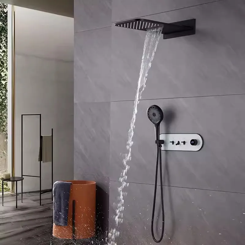 Black Concealed Shower Faucet Button Hidden Flying Rain Waterfall Digital Display Gun Gray Copper Wall-Mounted Copper Bath Set