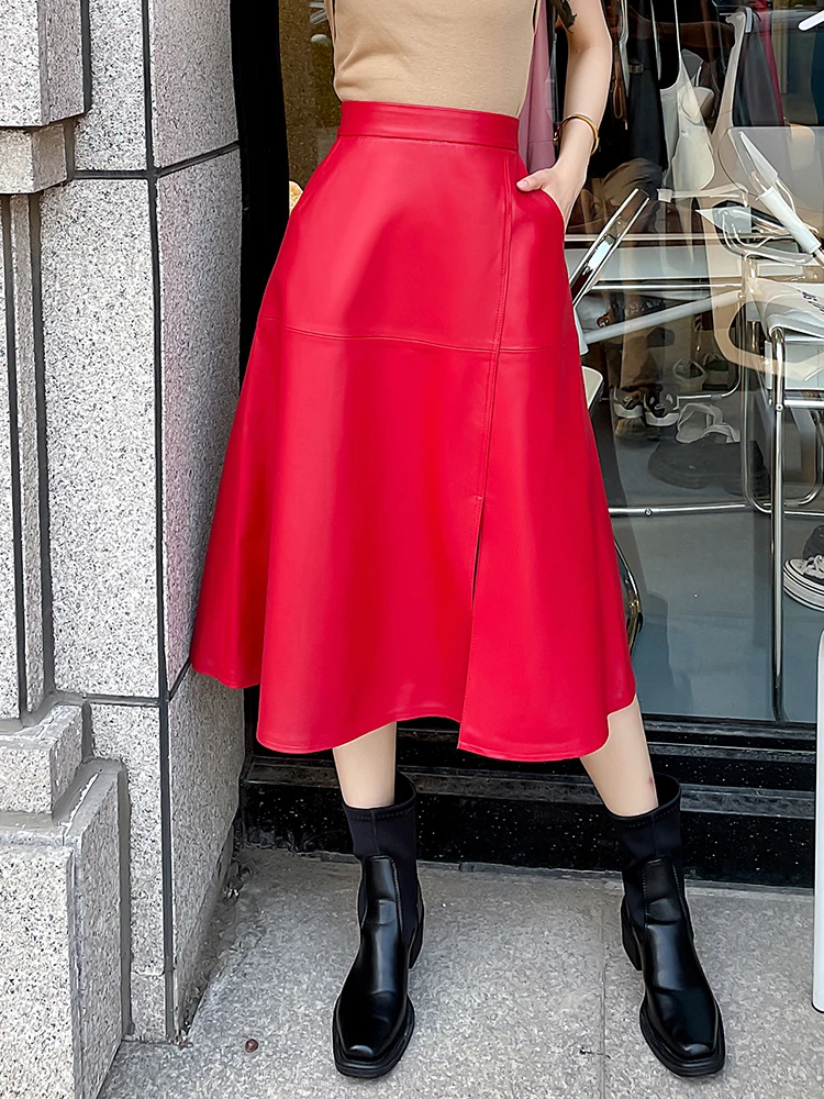 Eleagnt Women A Line High Waist Genuine Leather Skirt Spring Autumn VIntage Office Ladies Soft Real Sheepskin Mid Long Skirts