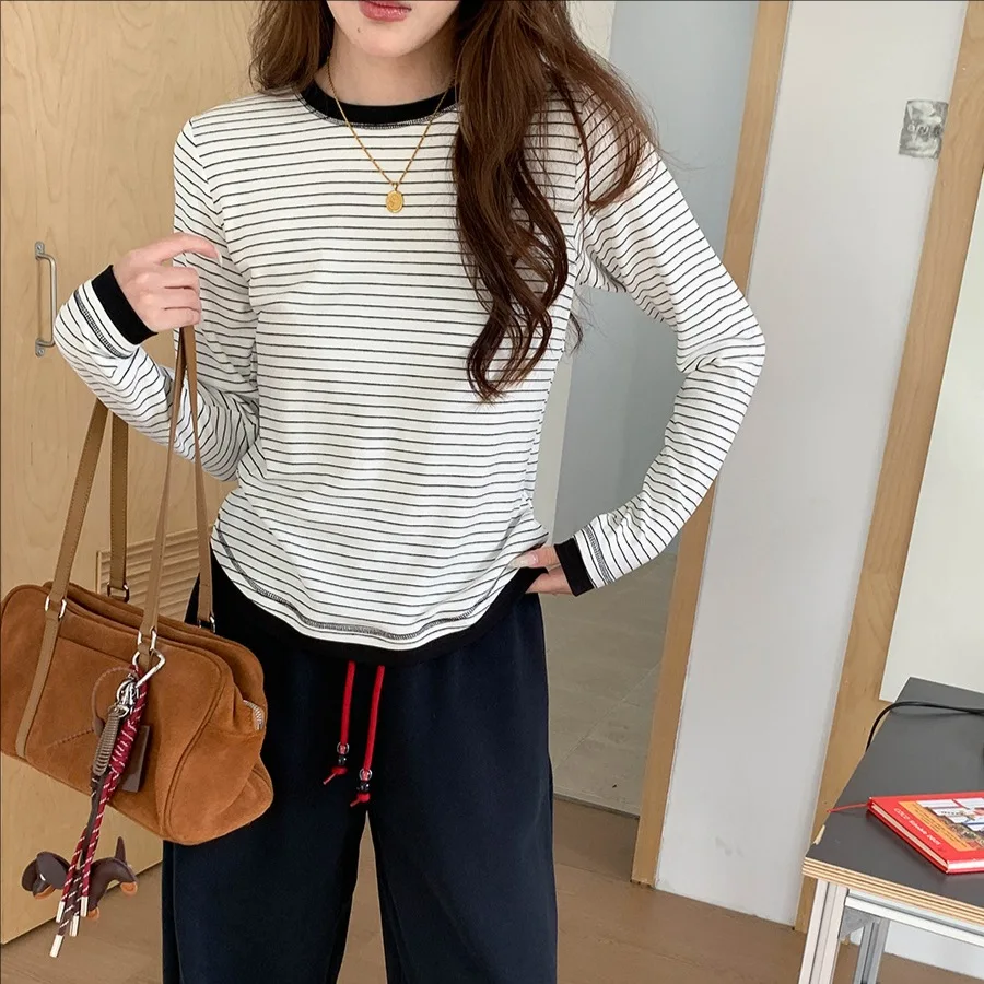 

Women's Winter Casual Brushed Striped T-Shirt Fake Two-Piece Contrasting Top Comfortable Fit Basic Color Block Long Sleeve