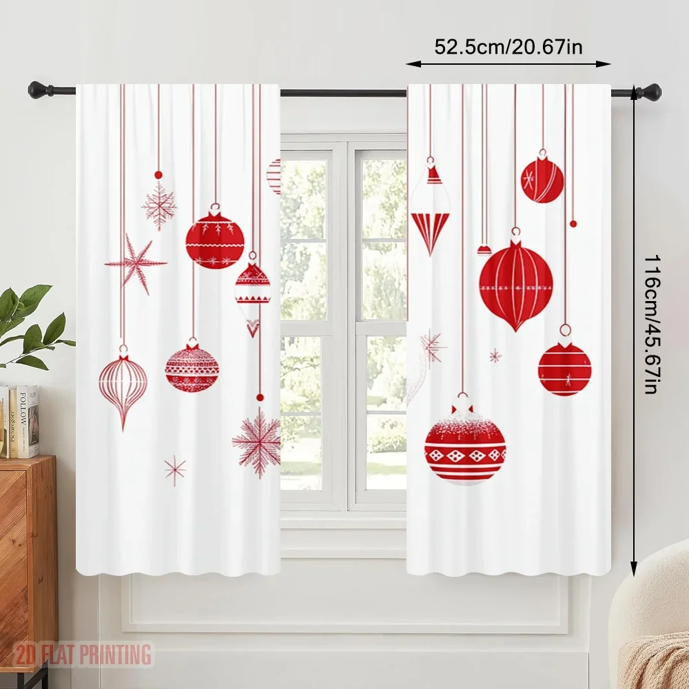 2pcs,2D plane printing Window Curtain Christmas Ornaments Red Holiday (3) Versatile 100% Polyester (without rod) Holiday Perfect