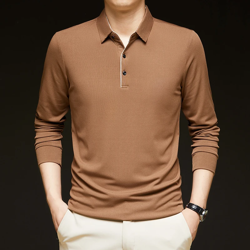 

2025 рубашка поло с длинными рукавами, мужская весенне-осенняя новинка, деловая повседневная мужская однотонная бесшовная футболка с лацканами