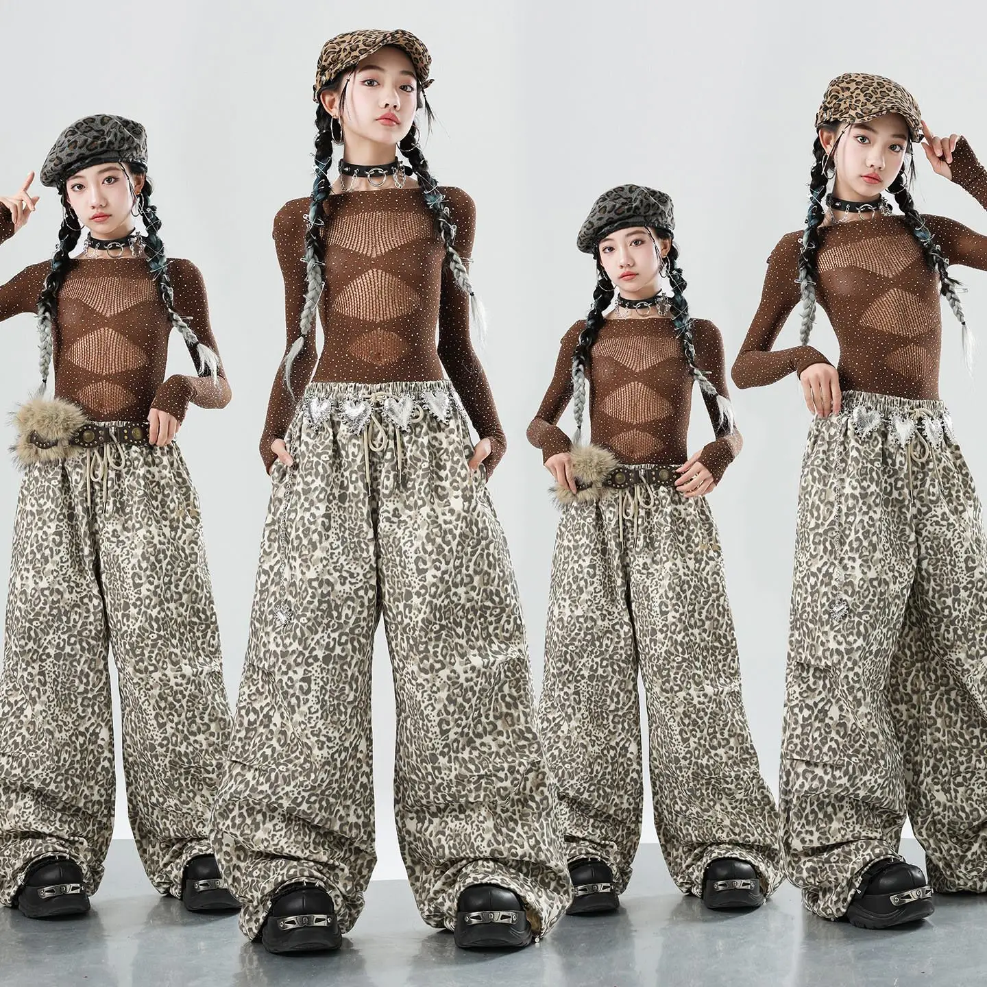 

New Kids Hip Hop Dance Costume Brown Kpop Tops With Stones Leopard Trousers Girls Modern Jazz Dance Performance Clothing BL18456