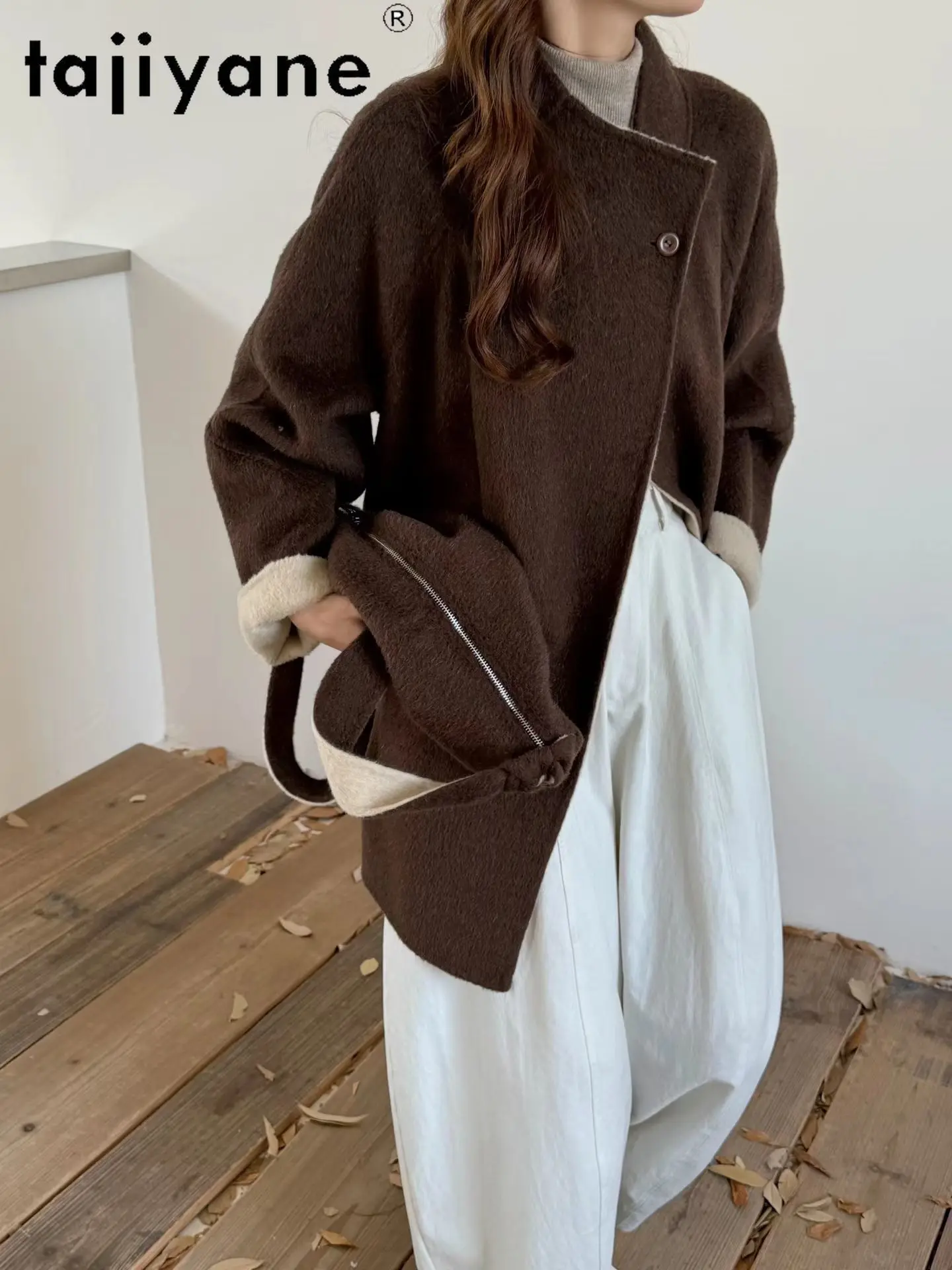 معطف صوف TAJIYANE 10% من الألبكة 90% للنساء عالي الجودة ملابس خارجية متوسطة الطول سترات نسائية دافئة ملابس شتوية للسيدات 2025 سبکول ويج