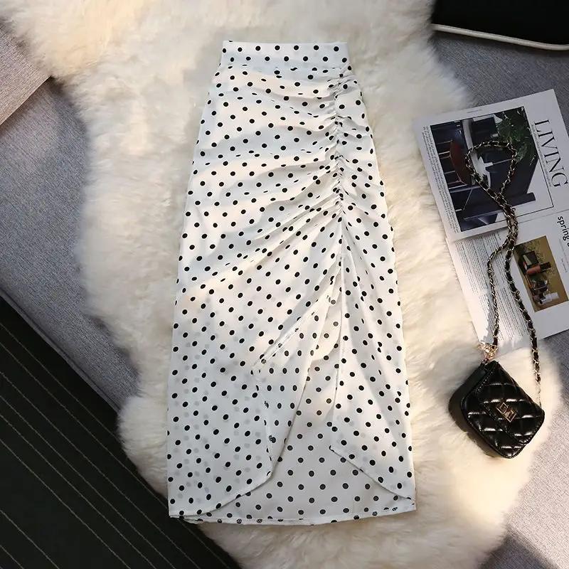 High Waist Slit Hem Dot Printing Pleated Temperament A-line Skirt Summer Slim Elegant Midi Dress Fashion Office Women Clothing