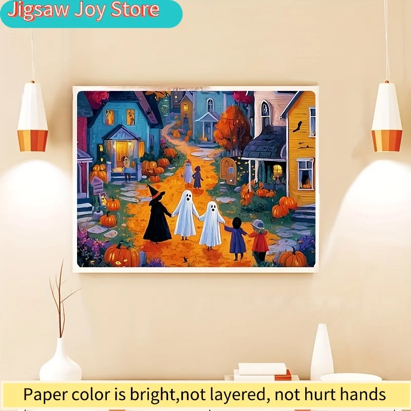 Un puzzle conçu pour les adultes mettant en scène une promenade hantée dans un quartier d'Halloween, parfait pour les jeux de fête et les activités