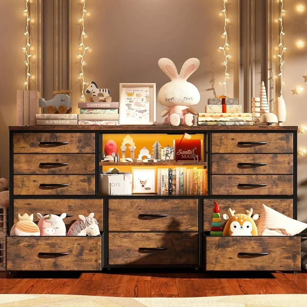 Dresser for Bedroom with Power Outlet & LED Lights for 60''TV Stand for Living Room Entertainment Center with 12 Fabric Drawers