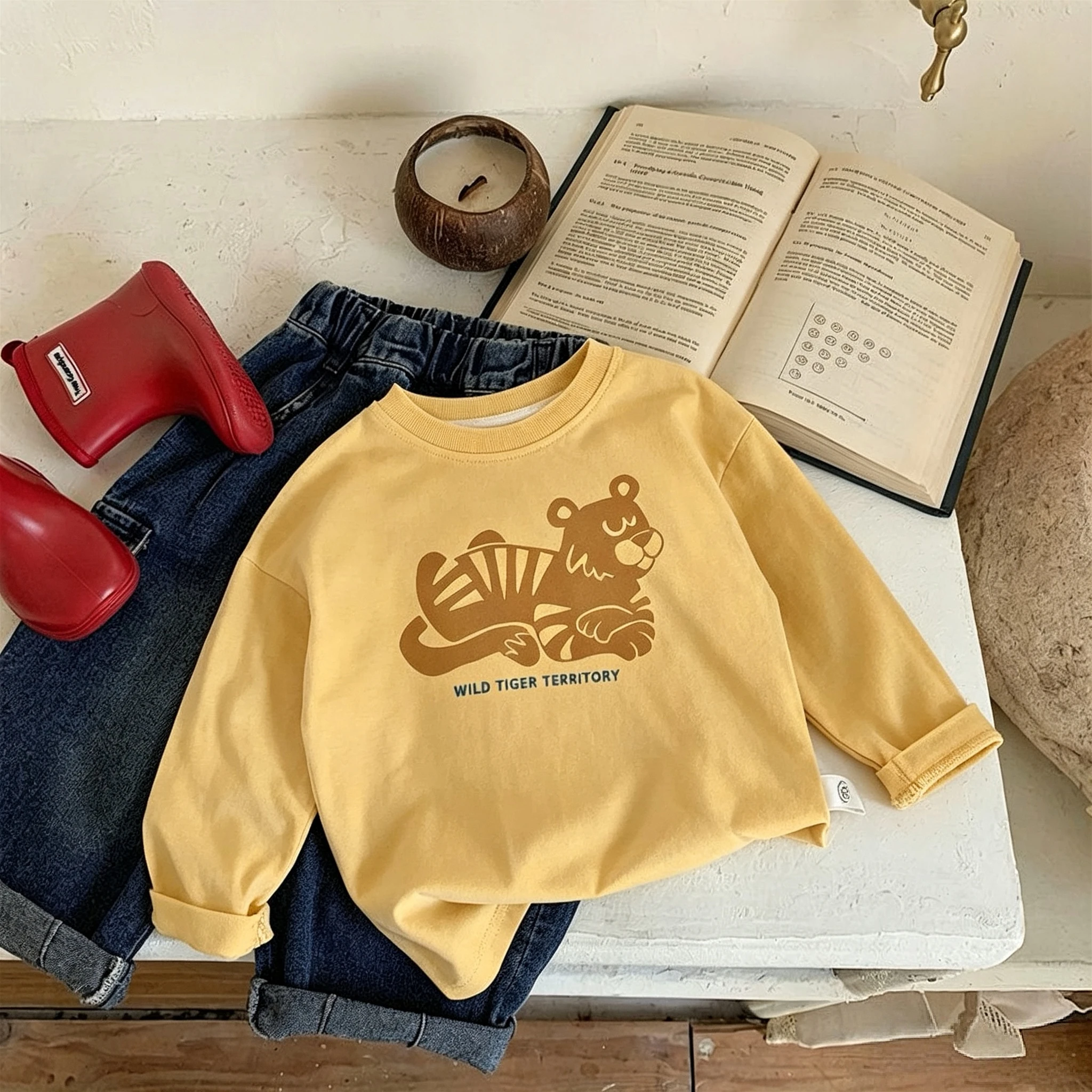 Kinderoberteile für 1-7-Jährige, Basishemd, Frühling-Herbst-Kleidung, schlicht, vielseitig, modisch, Kinder-Langarm-T-Shirts, Rundhalsausschnitt – Detail 5