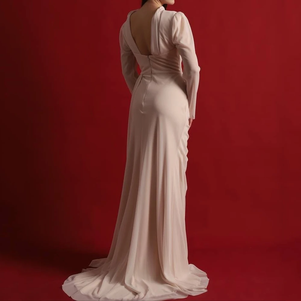 Customized Mermaid Evening Dresses Floor-length High-neck Full Sleeve Prom Gown Fsahion Pleat Simple Draped Backless Party Gown