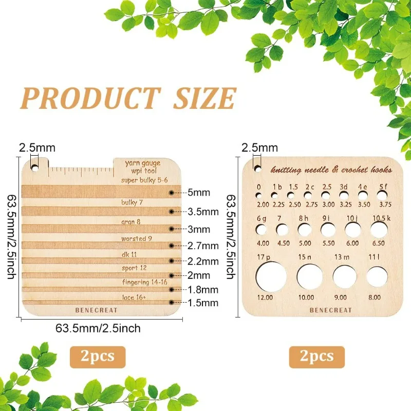 4Pcs Wood Knitting Gauge Rulers, 2 Style Square Knitting Tool Crochet Hook and Knitting Needle Gauge, 2.5x2.5x0.2inch