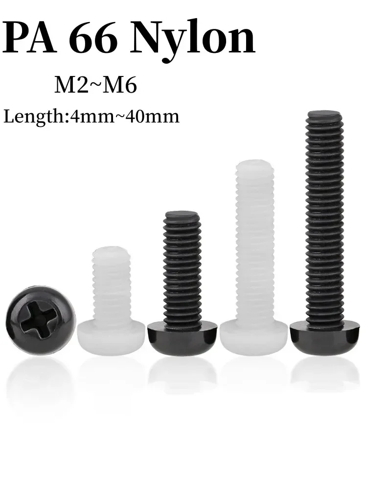 Peijian Nylon Screw M2 M2.5 M3 M4 M5 M6 M8 White/black Nylon Plastic Insulation Phillips Recessed Round Pan Screw