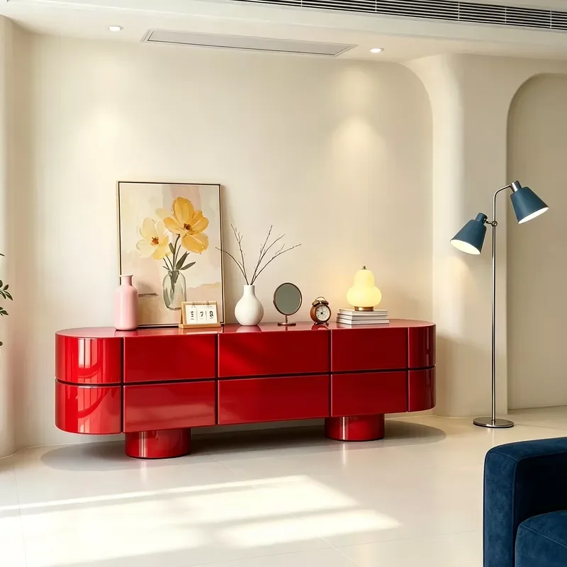 Italian Minimalist High Gloss Red TV Cabinet Cream Style Living Room Multi Functional Storage Decorative Floor Console