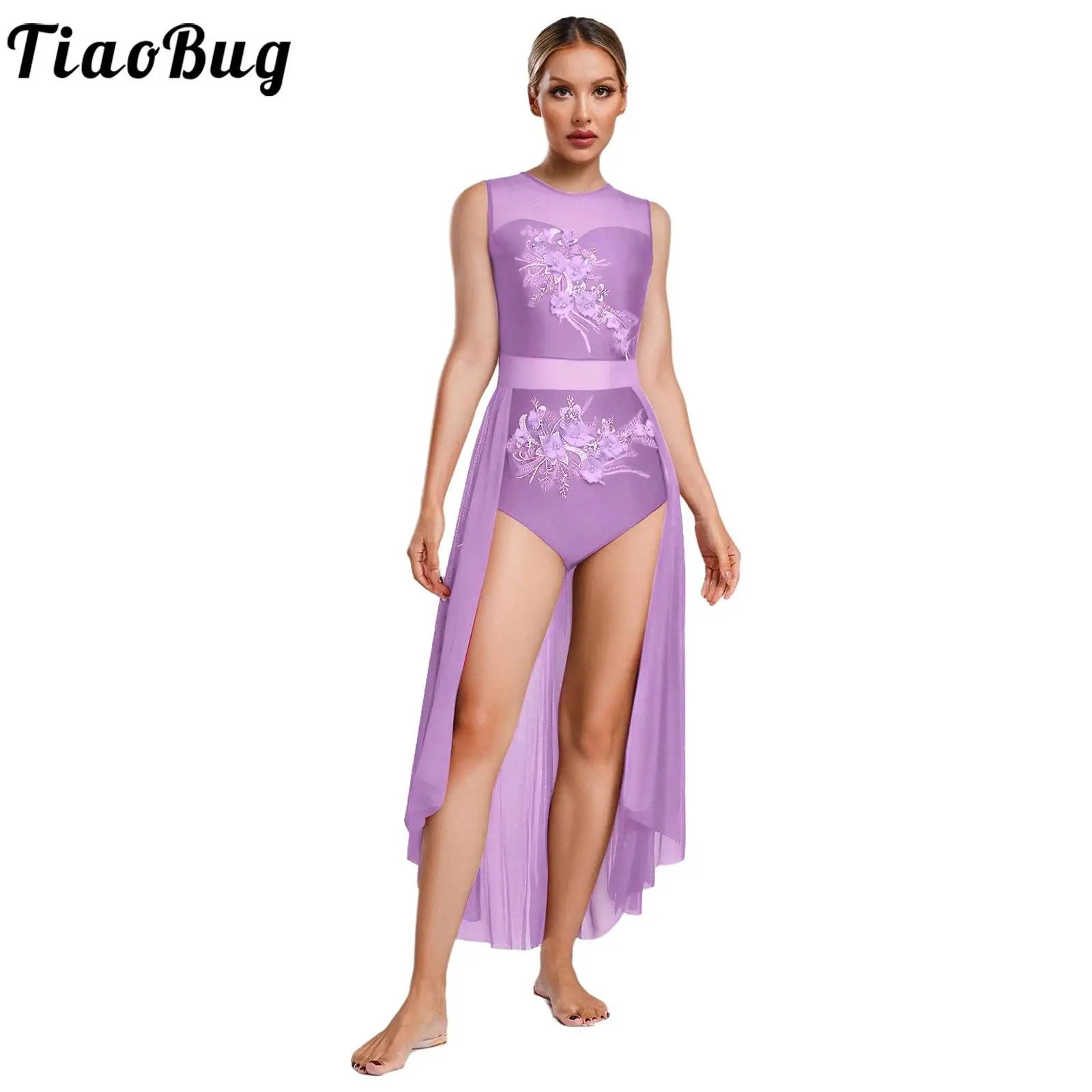 

Women Applique Flower Lyrical Dance Dress Flowy Overlay Leotards Ballet Contemporary Dress Sleeveless Embroidery Dance Costume