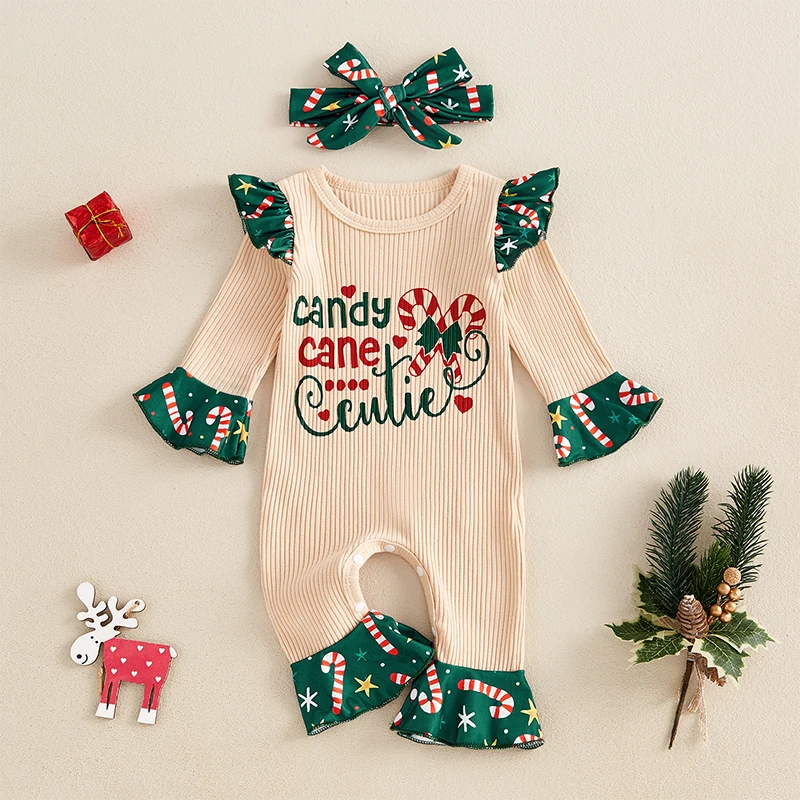 Baby Girls Christmas Romper Letter Candy Cane Print Long Sleeve Jumpsuits and Cute Headband Set for 2 Piece Outfits