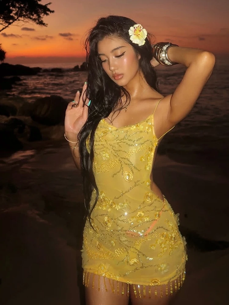 

Платье-слинг Kliou с 3D цветочным декором, пайетками, низким вырезом, открытой спиной, без рукавов, с бахромой, для пляжных вечеринок, элегантное, облегающее