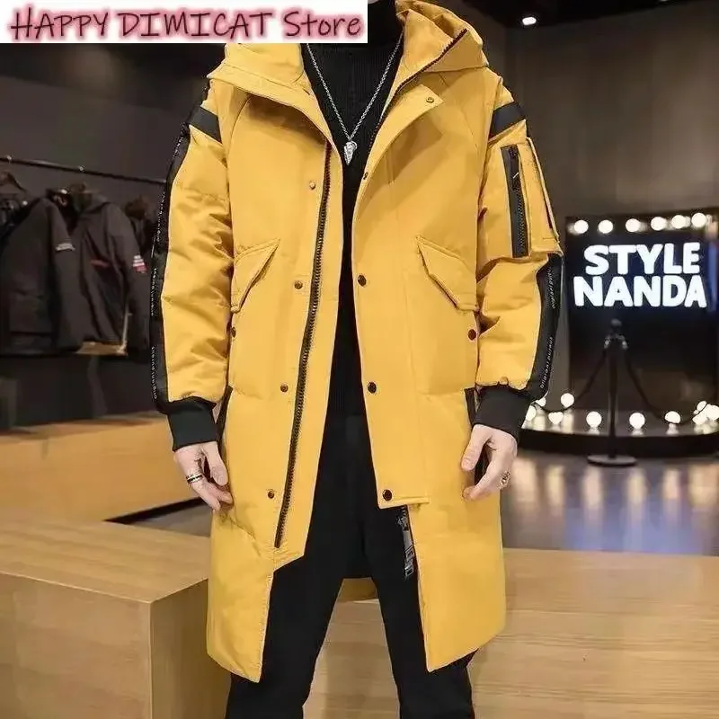 

White Duck Down Jackets Men's Parkas Hooded New Over-the-knee Overcoat Thickened Mid-length Jacket Zipper Buttons Winter