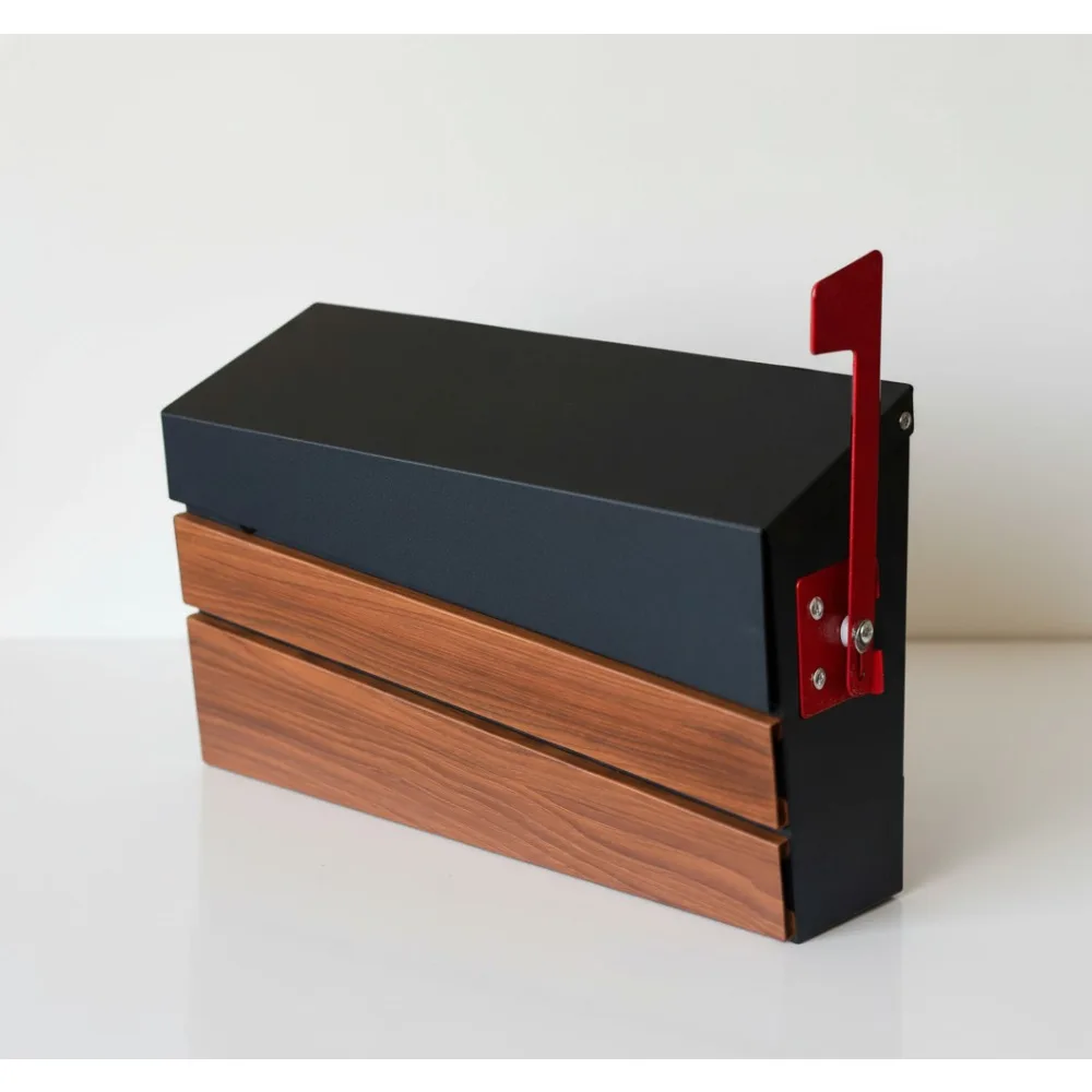 

Modern Wall Mount Mailbox with Walnut Wood Panel, Large Capacity Weatherproof Outdoor Post Box with Flag