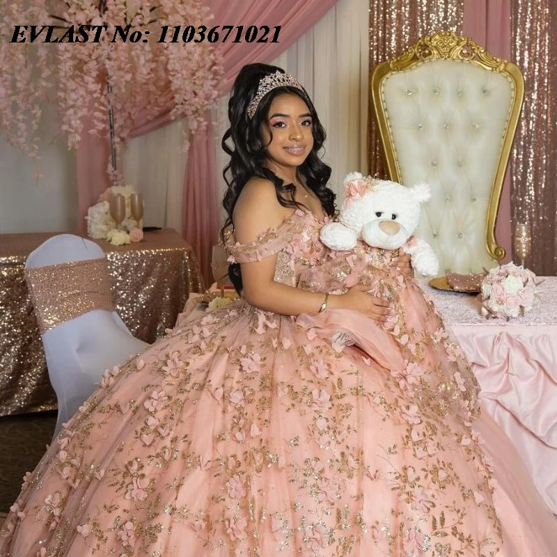 EVLAST Shiny Pink Quinceanera Dress Ball Gown Golden Lace Applique Beading Mexican Corset Sweet 16 Vestidos De XV 15 Anos SQ122