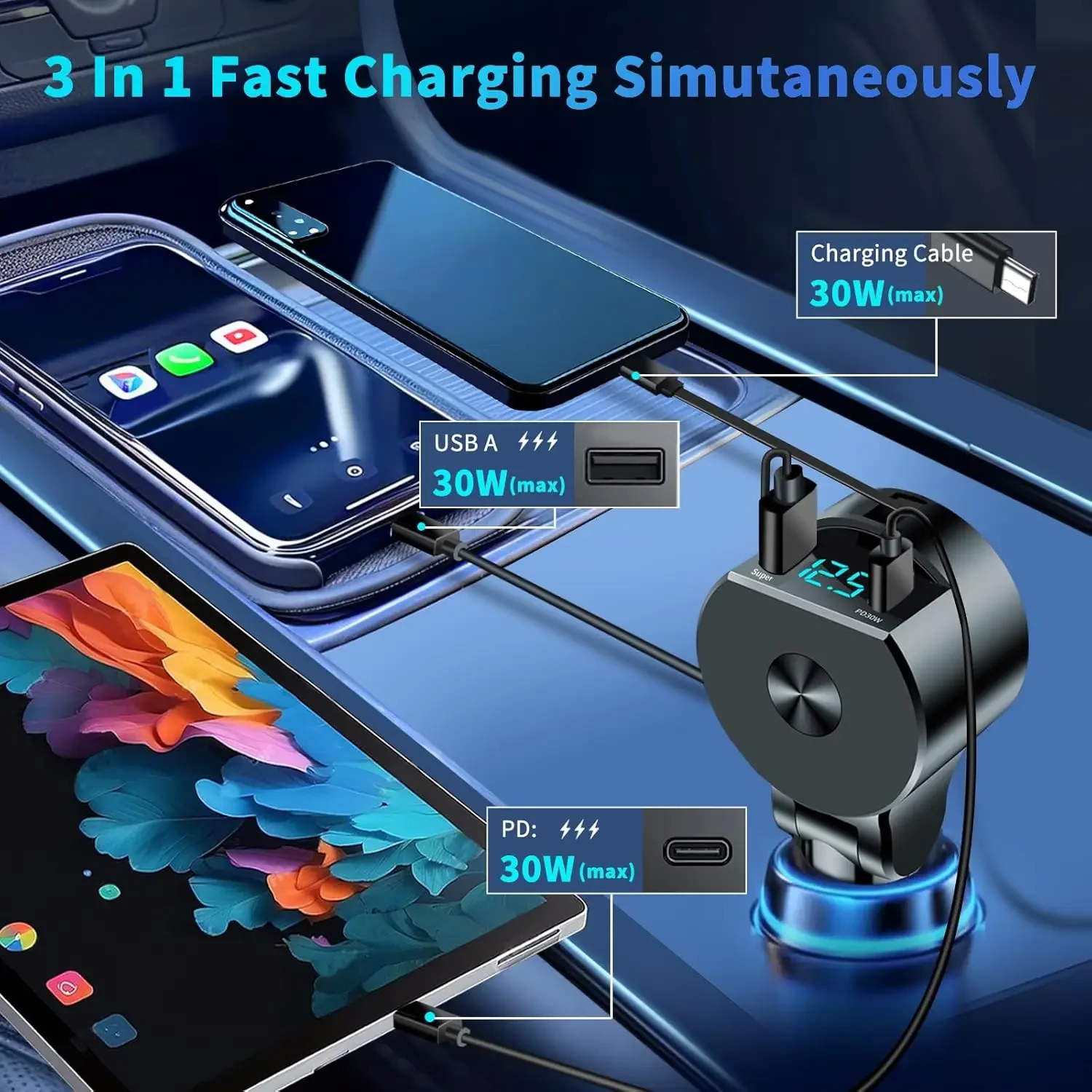 Three in One Car Cigarette Lighter Charger 30w High Power, Freely Extendable, Automatic Storage, Car Super Fast Charging